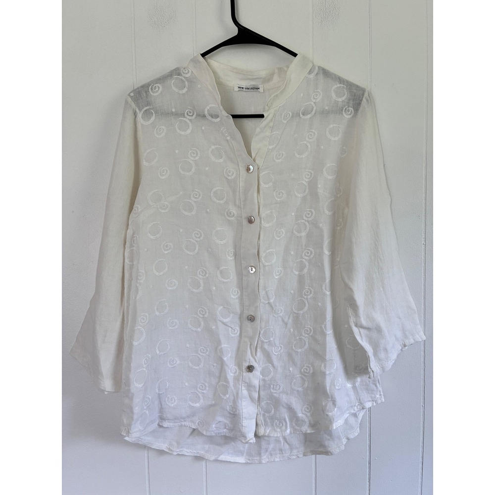 New Collection White Linen Embroidered Swirl Button Down Shirt Made in Italy M